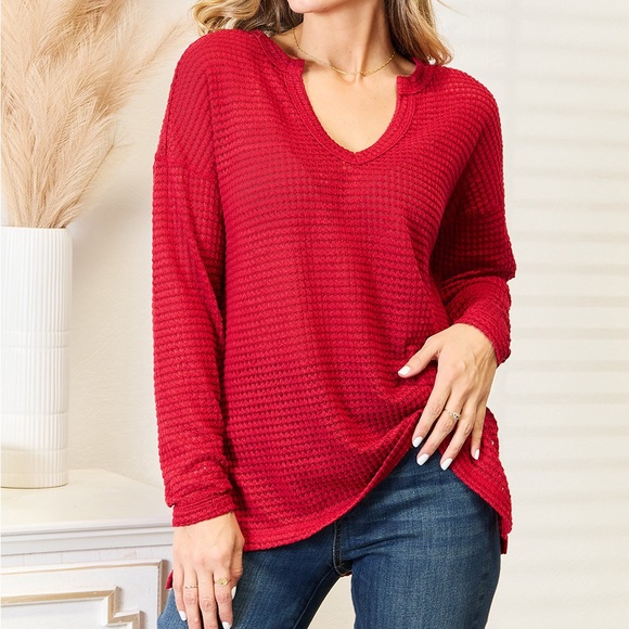 NEW Culture Code PLUS + REG Size Red V-Neck Oversized Waffle Knit Top - Picture 1 of 10